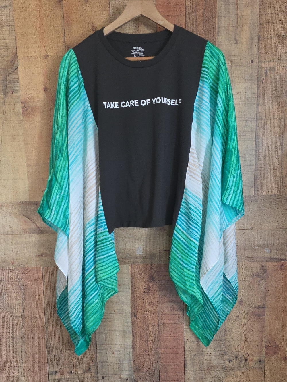 Upcycled Take Care Of Yourself Green & Black Draped Sleeve Top